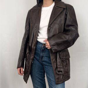 Vintage Genuine Leather Brown Belted Trench Coat